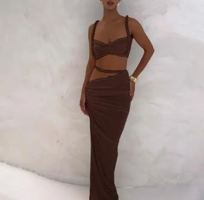 2025 Skirt Set for Women's Fashion Spring Summer Latest Clothin Sexy Solid Color Backless Small Tank Top Hip Hugging Skirt Set
