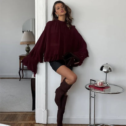 Fashion Shirt For Women See Through Ruffled Lace Up Loose Blouse 2025 New Summer Chic Vintage Casual O-Neck Long Sleeve Shirts