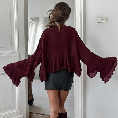 Fashion Shirt For Women See Through Ruffled Lace Up Loose Blouse 2025 New Summer Chic Vintage Casual O-Neck Long Sleeve Shirts