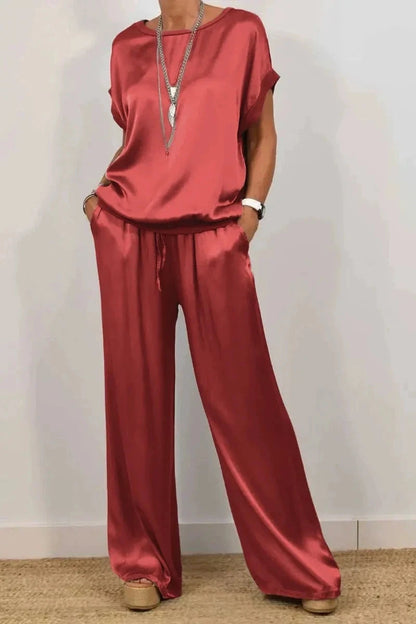 Fashion Satin Women's Suit Spring and Summer New Trend Loose Shirt Wide Leg Pants Casual Trousers 2-piece Set, Womens Cothing