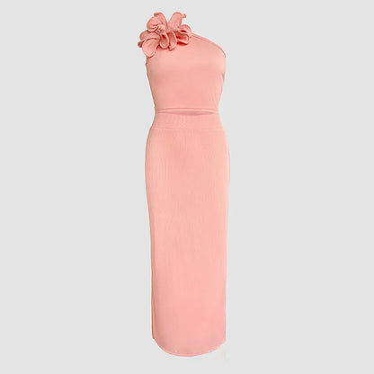 Fashion Flower Design Office Lady Suit Spring Sexy One-shoulder Sleeveless Top & Bodycon Skirts Set 2025 Summer Hollow Women Set