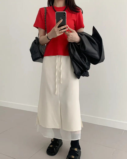 Double Layered Belted Straight Cut Long Skirt for Women Spring New Sle Korean High Waist Slit Commute Friendly Skirt