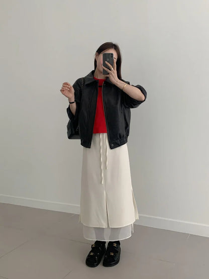 Double Layered Belted Straight Cut Long Skirt for Women Spring New Sle Korean High Waist Slit Commute Friendly Skirt