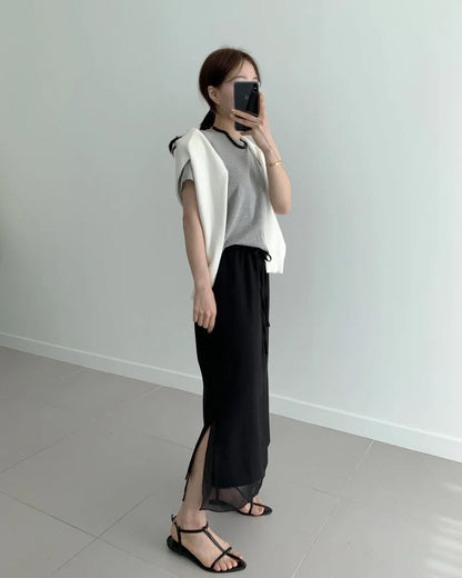 Double Layered Belted Straight Cut Long Skirt for Women Spring New Sle Korean High Waist Slit Commute Friendly Skirt