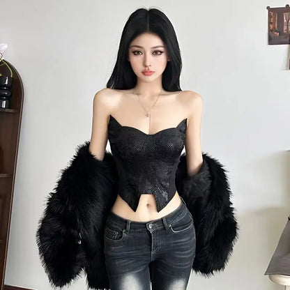 European and American fashion sexy design slim - fitting women with chest dark hollow lace top coat Goth Harajuku trend vest