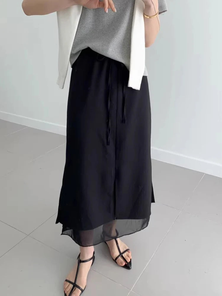 Double Layered Belted Straight Cut Long Skirt for Women Spring New Sle Korean High Waist Slit Commute Friendly Skirt