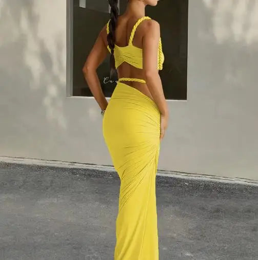 2025 Skirt Set for Women's Fashion Spring Summer Latest Clothin Sexy Solid Color Backless Small Tank Top Hip Hugging Skirt Set