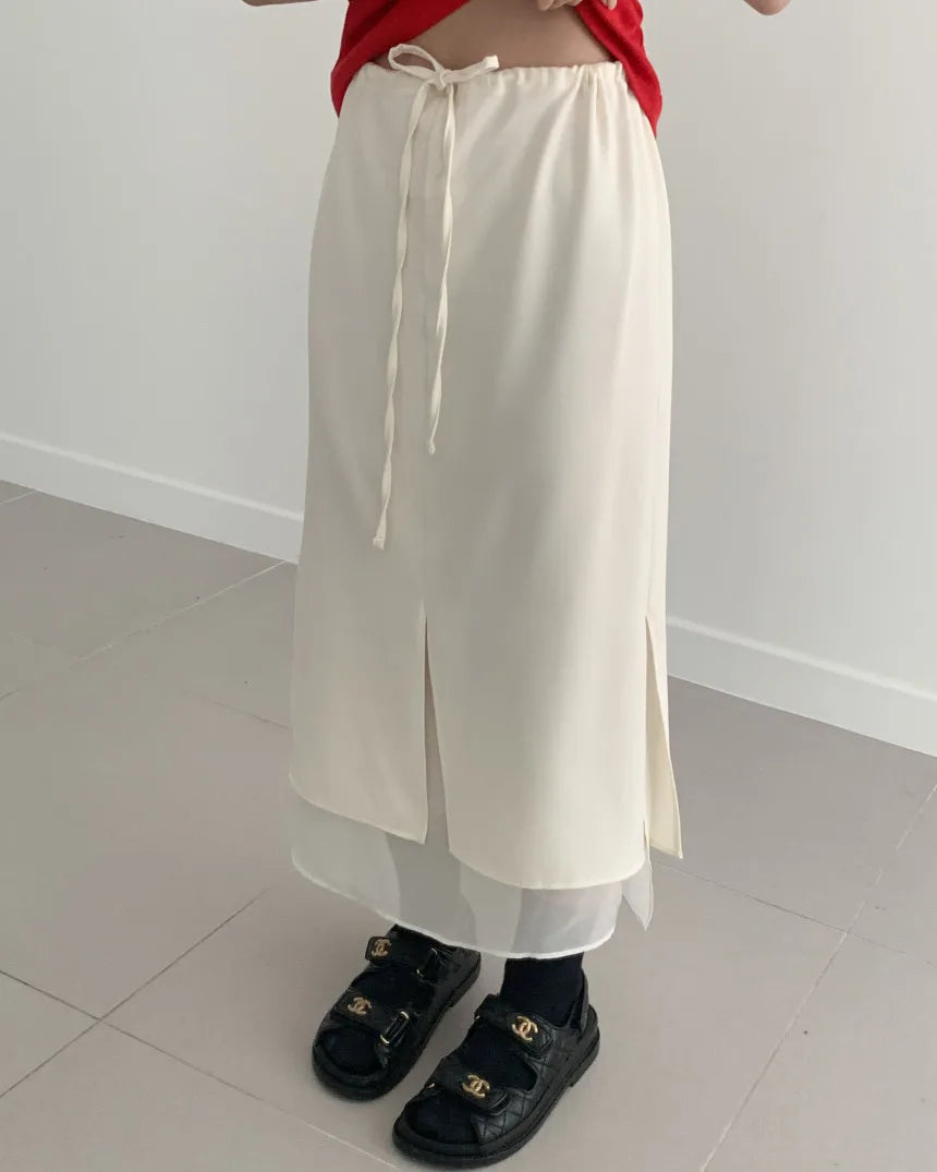 Double Layered Belted Straight Cut Long Skirt for Women Spring New Sle Korean High Waist Slit Commute Friendly Skirt