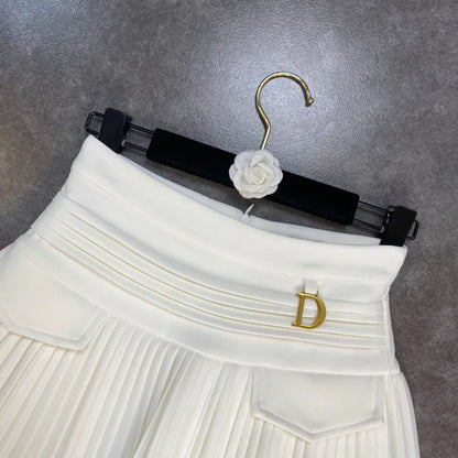 Women's Skirt 2024 Summer Fashion High Waisted White Metal D-pendant Decor Casual Temperament Pleated A-line Skirt With Lining