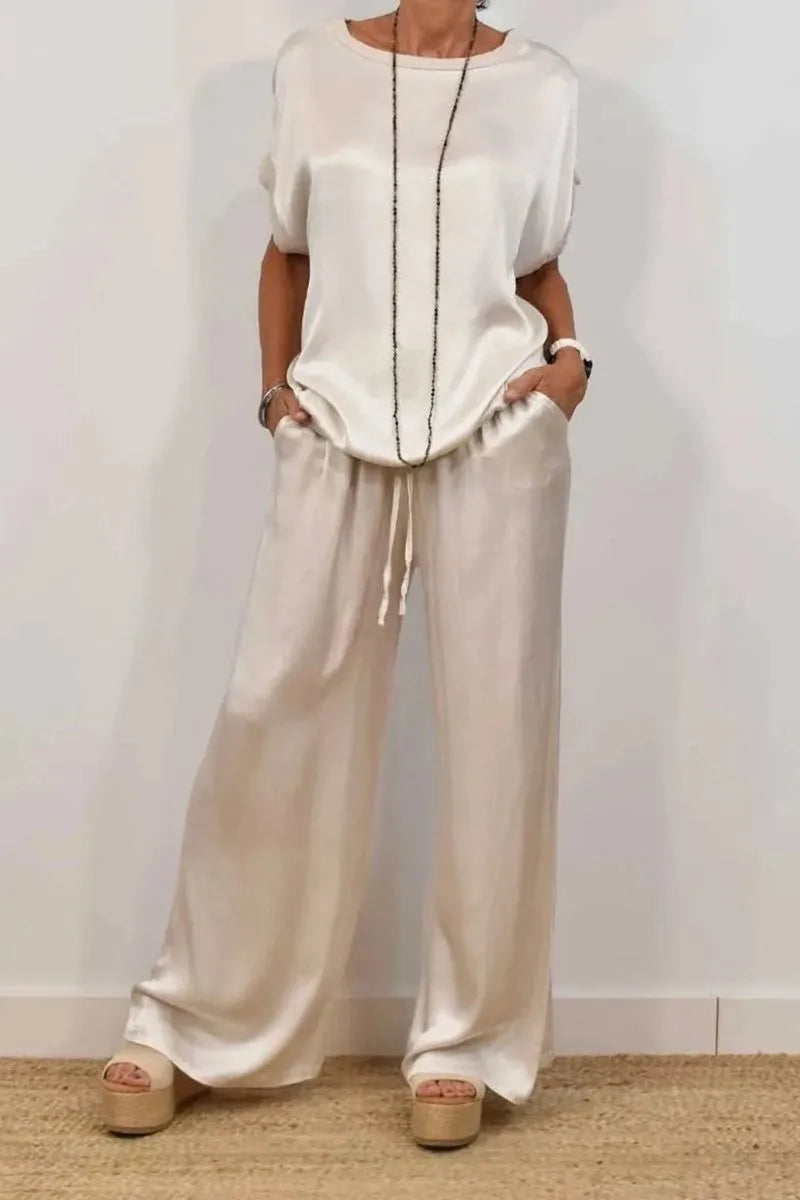 Fashion Satin Women's Suit Spring and Summer New Trend Loose Shirt Wide Leg Pants Casual Trousers 2-piece Set, Womens Cothing