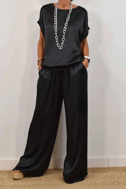 Fashion Satin Women's Suit Spring and Summer New Trend Loose Shirt Wide Leg Pants Casual Trousers 2-piece Set, Womens Cothing