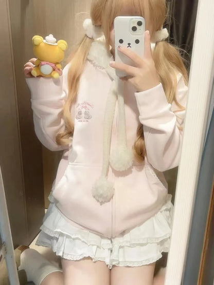 Winter Warm Fuzzy Hoodie with Cute Sheep Hood Pink Soft Sweater Zipper Coat for Women Cozy Casual Fashion Lovely Kawaii Overcoat