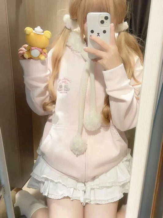 Winter Warm Fuzzy Hoodie with Cute Sheep Hood Pink Soft Sweater Zipper Coat for Women Cozy Casual Fashion Lovely Kawaii Overcoat