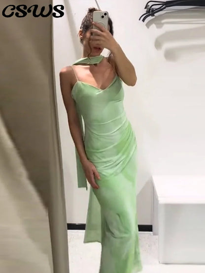 Elegant Green Long Sling Dress Women Slim Print Ribbon V-neck Sleeveless Party Dresses 2025 Summer Lady Holiday Beach Robe