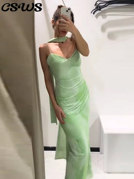 Elegant Green Long Sling Dress Women Slim Print Ribbon V-neck Sleeveless Party Dresses 2025 Summer Lady Holiday Beach Robe