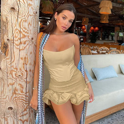 Skirt suit design sense Commuter party women's solid color elegant sexy backless sling tube top cut top high silt elastic waist