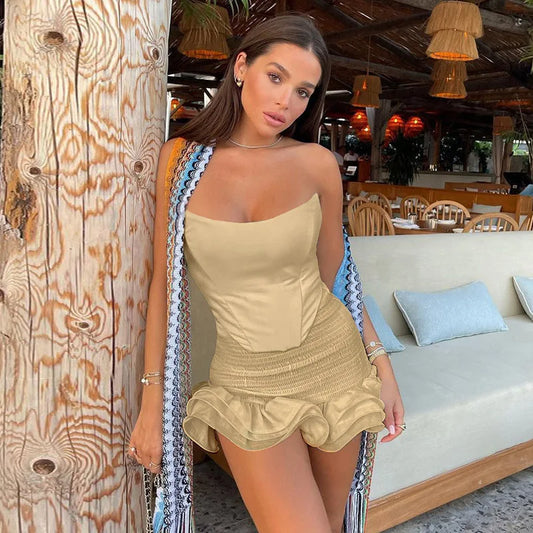 Skirt suit design sense Commuter party women's solid color elegant sexy backless sling tube top cut top high silt elastic waist