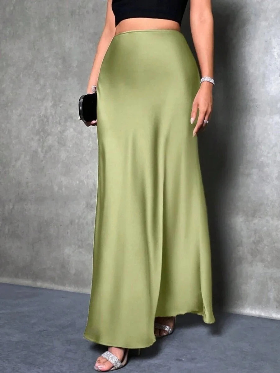 Stained satin skirt 2025 summer new simple imitation silk long skirt women's clothing club clothing Vestidos