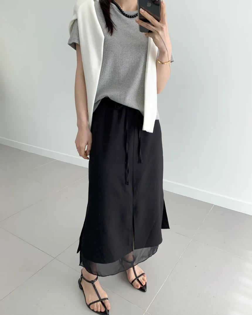 Double Layered Belted Straight Cut Long Skirt for Women Spring New Sle Korean High Waist Slit Commute Friendly Skirt