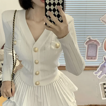 French Fashion V-neck Sweater for Women in Spring Slim and Elegant Long-sleeved Cardigan Jacket Button Versatile Casual Top