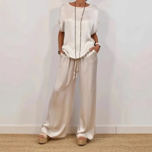 Fashion Satin Women's Suit Spring and Summer New Trend Loose Shirt Wide Leg Pants Casual Trousers 2-piece Set, Womens Cothing