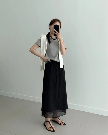 Double Layered Belted Straight Cut Long Skirt for Women Spring New Sle Korean High Waist Slit Commute Friendly Skirt
