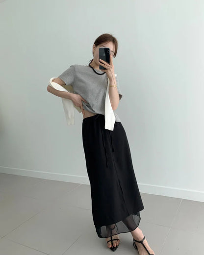 Double Layered Belted Straight Cut Long Skirt for Women Spring New Sle Korean High Waist Slit Commute Friendly Skirt