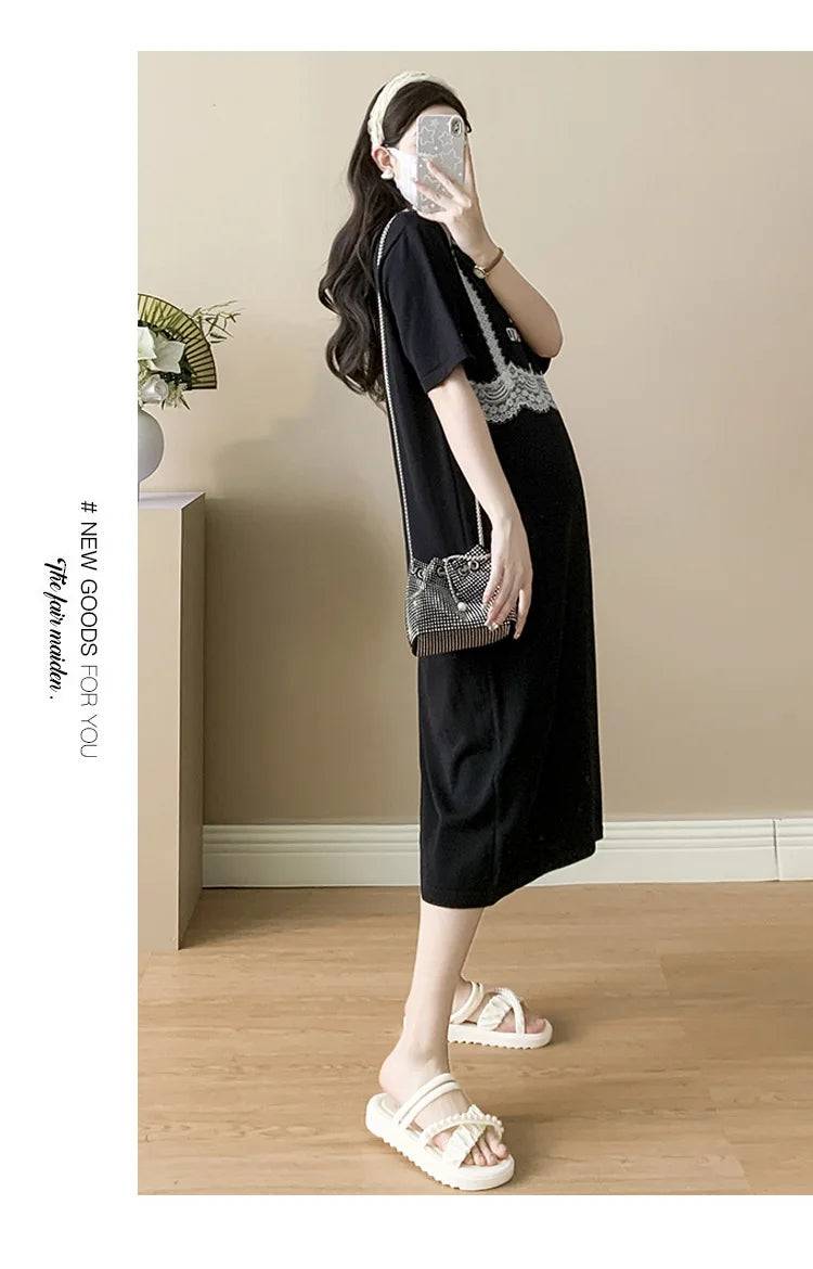 Pregnant Women's Skirt Summer 2025 New Large Loose Fashion Look Thin Fake Two Piece Knitted Skirt