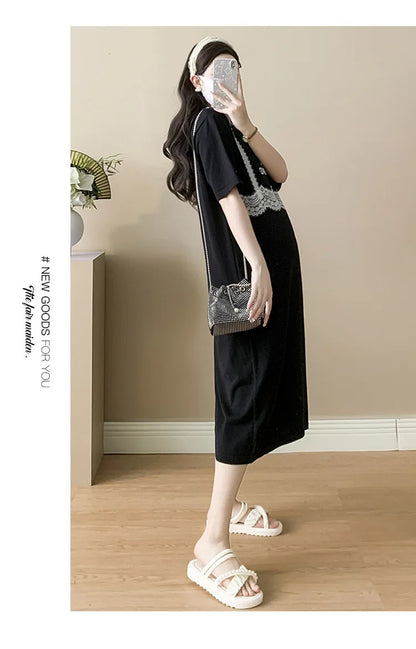 Pregnant Women's Skirt Summer 2025 New Large Loose Fashion Look Thin Fake Two Piece Knitted Skirt