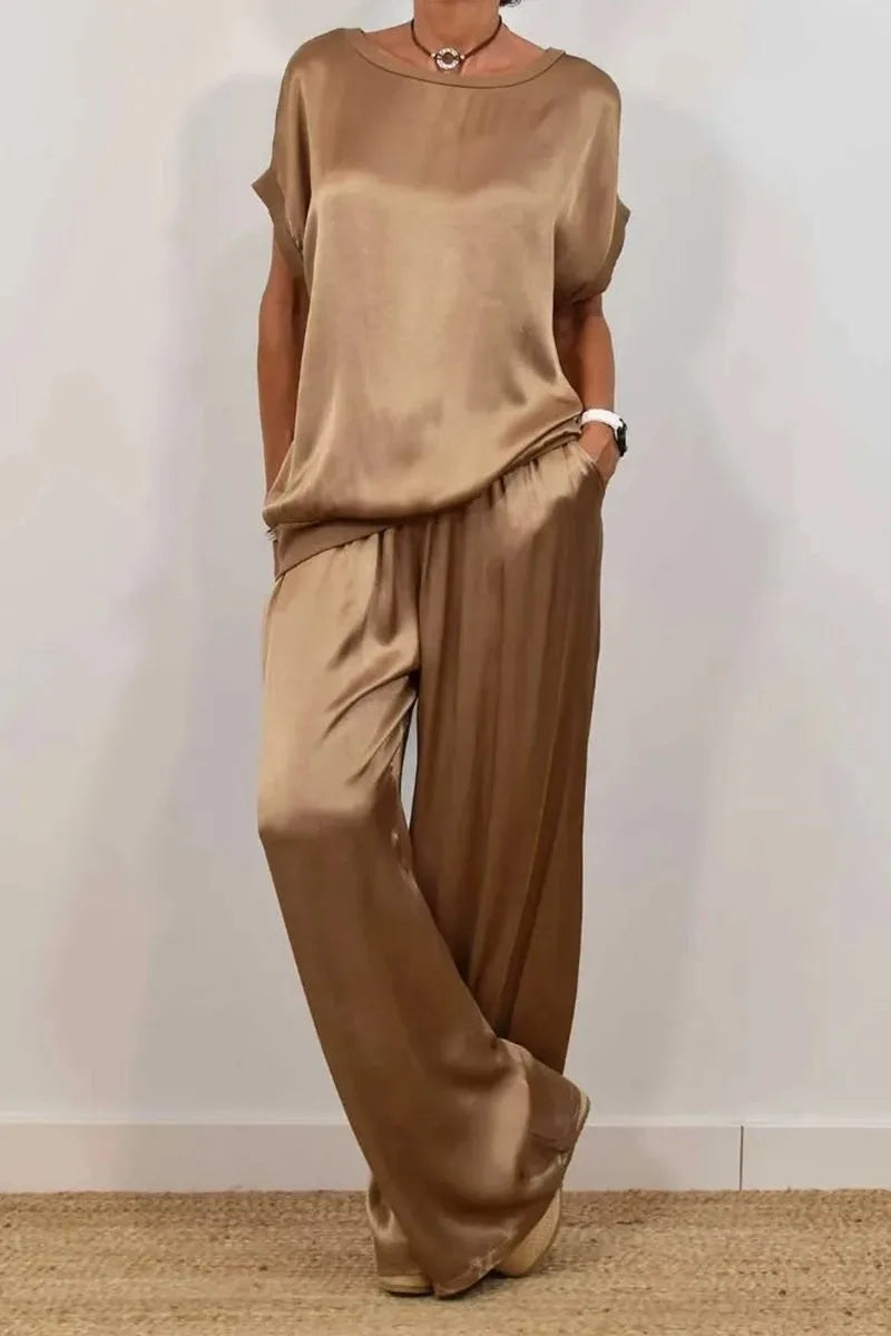 Fashion Satin Women's Suit Spring and Summer New Trend Loose Shirt Wide Leg Pants Casual Trousers 2-piece Set, Womens Cothing