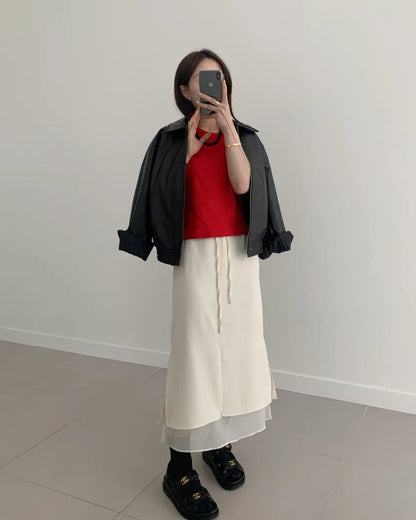 Double Layered Belted Straight Cut Long Skirt for Women Spring New Sle Korean High Waist Slit Commute Friendly Skirt