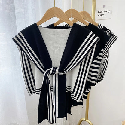 Korean Style Fashion Knitted Shawl Shirt Shoulder Striped Fake Collar Retro Style Scarf Female Accessories