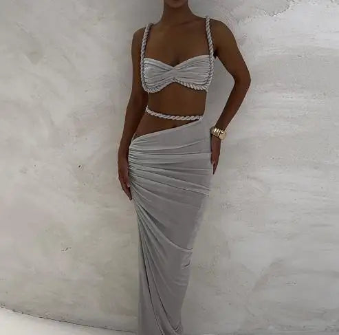 2025 Skirt Set for Women's Fashion Spring Summer Latest Clothin Sexy Solid Color Backless Small Tank Top Hip Hugging Skirt Set