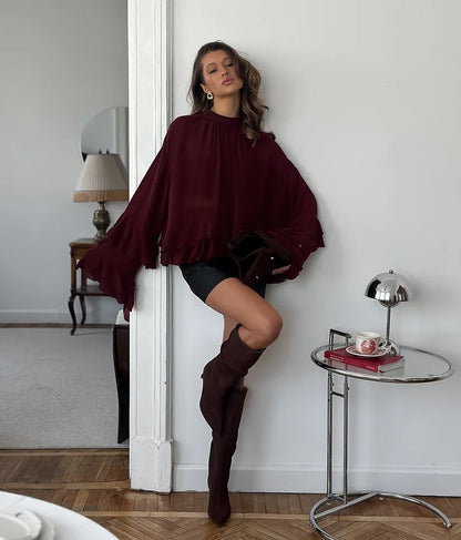 Fashion Shirt For Women See Through Ruffled Lace Up Loose Blouse 2025 New Summer Chic Vintage Casual O-Neck Long Sleeve Shirts