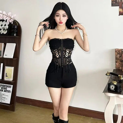 European and American fashion sexy design slim - fitting women with chest dark hollow lace top coat Goth Harajuku trend vest
