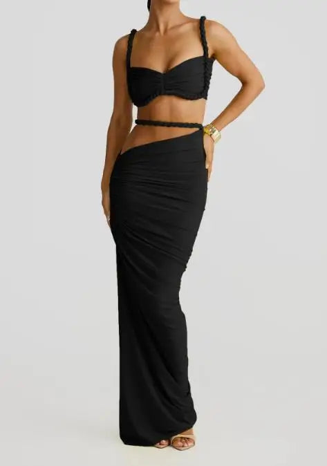 2025 Skirt Set for Women's Fashion Spring Summer Latest Clothin Sexy Solid Color Backless Small Tank Top Hip Hugging Skirt Set