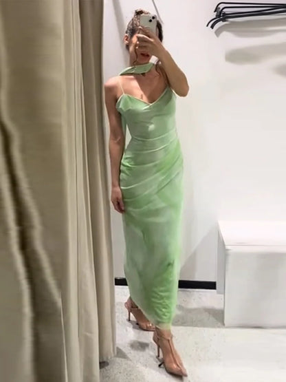 Elegant Green Long Sling Dress Women Slim Print Ribbon V-neck Sleeveless Party Dresses 2025 Summer Lady Holiday Beach Robe