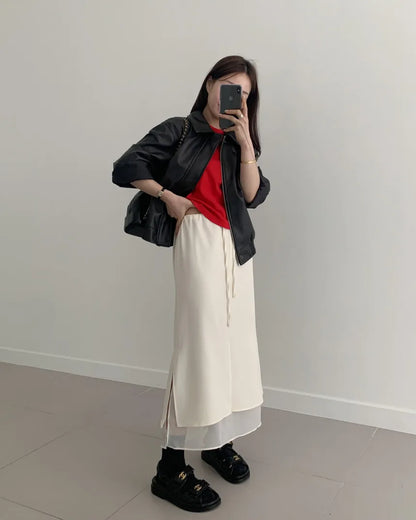 Double Layered Belted Straight Cut Long Skirt for Women Spring New Sle Korean High Waist Slit Commute Friendly Skirt