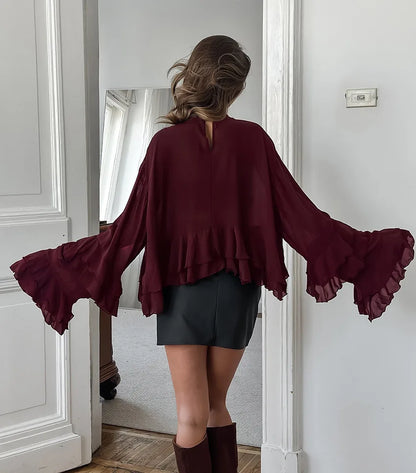 Fashion Shirt For Women See Through Ruffled Lace Up Loose Blouse 2025 New Summer Chic Vintage Casual O-Neck Long Sleeve Shirts