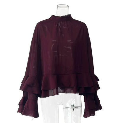 Fashion Shirt For Women See Through Ruffled Lace Up Loose Blouse 2025 New Summer Chic Vintage Casual O-Neck Long Sleeve Shirts