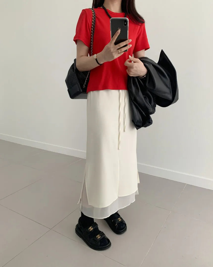 Double Layered Belted Straight Cut Long Skirt for Women Spring New Sle Korean High Waist Slit Commute Friendly Skirt