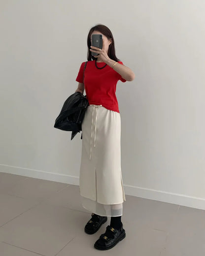 Double Layered Belted Straight Cut Long Skirt for Women Spring New Sle Korean High Waist Slit Commute Friendly Skirt