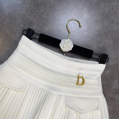 Women's Skirt 2024 Summer Fashion High Waisted White Metal D-pendant Decor Casual Temperament Pleated A-line Skirt With Lining