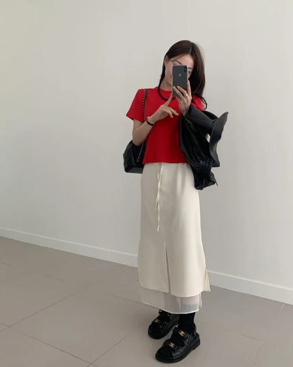 Double Layered Belted Straight Cut Long Skirt for Women Spring New Sle Korean High Waist Slit Commute Friendly Skirt