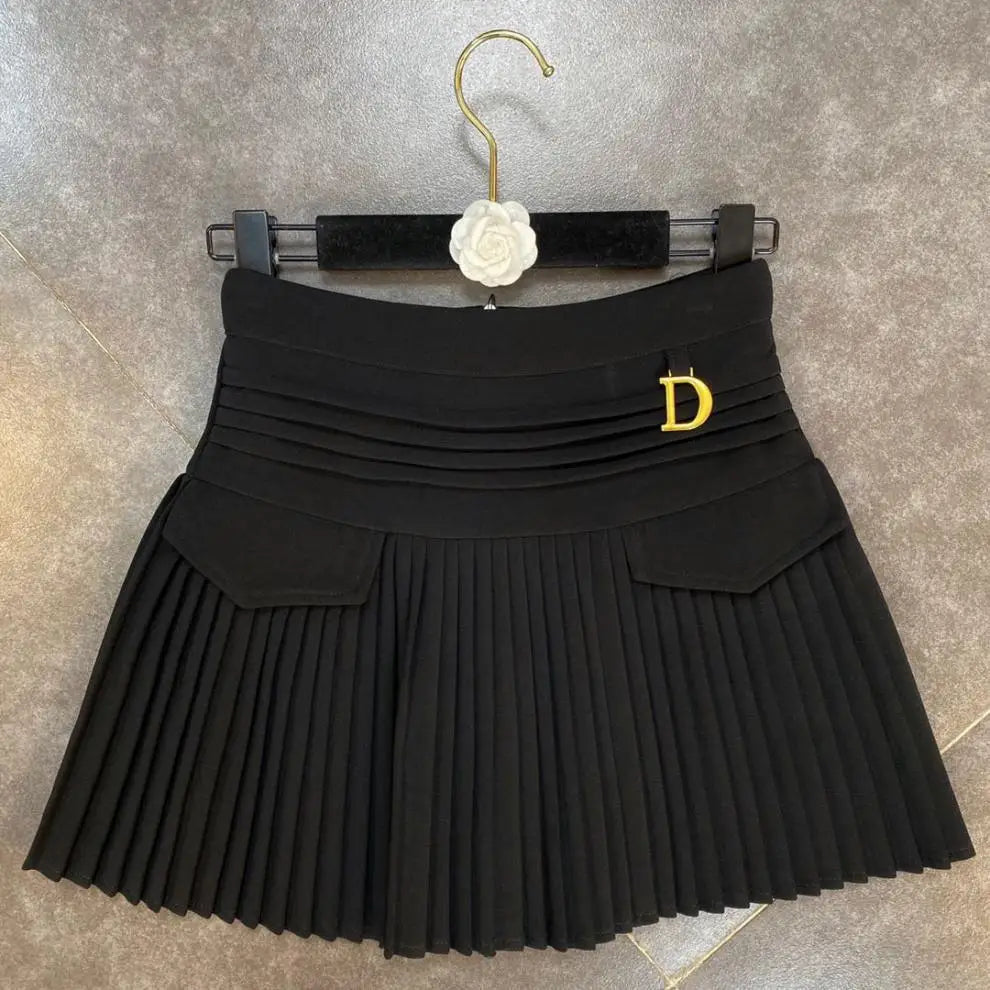 Women's Skirt 2024 Summer Fashion High Waisted White Metal D-pendant Decor Casual Temperament Pleated A-line Skirt With Lining