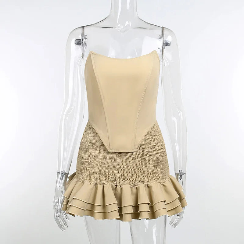 Skirt suit design sense Commuter party women's solid color elegant sexy backless sling tube top cut top high silt elastic waist