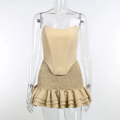 Skirt suit design sense Commuter party women's solid color elegant sexy backless sling tube top cut top high silt elastic waist
