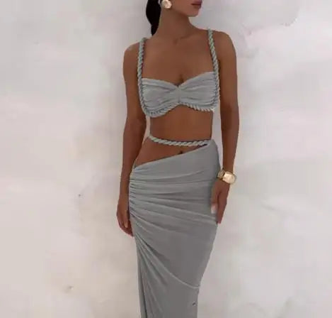 2025 Skirt Set for Women's Fashion Spring Summer Latest Clothin Sexy Solid Color Backless Small Tank Top Hip Hugging Skirt Set