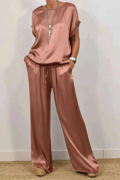 Fashion Satin Women's Suit Spring and Summer New Trend Loose Shirt Wide Leg Pants Casual Trousers 2-piece Set, Womens Cothing