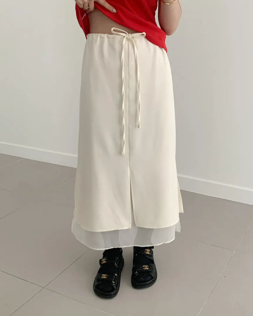 Double Layered Belted Straight Cut Long Skirt for Women Spring New Sle Korean High Waist Slit Commute Friendly Skirt